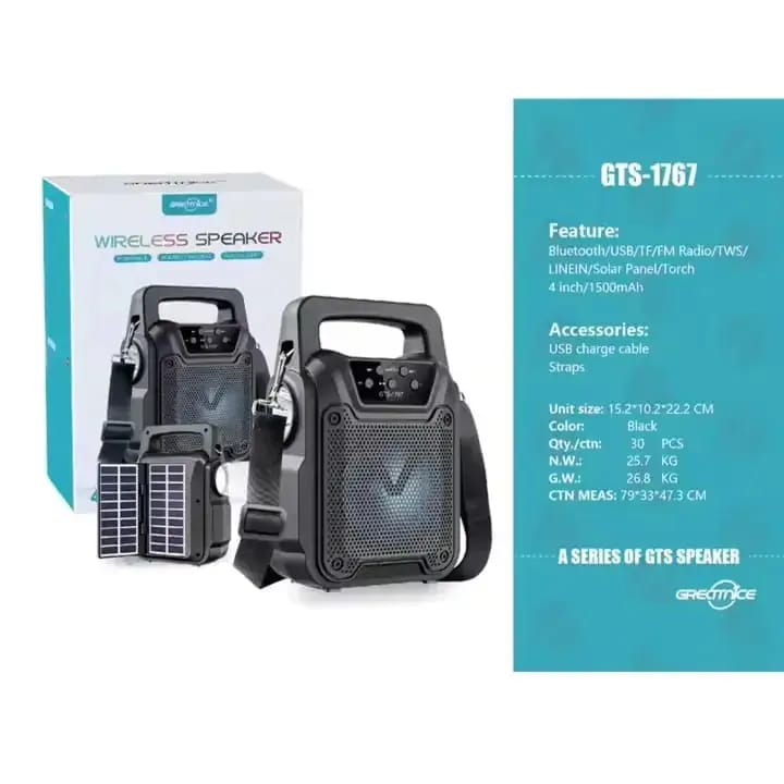 Wireless Speaker GTS-1767 Double Solar – Dual Solar Charging & Powerful Sound